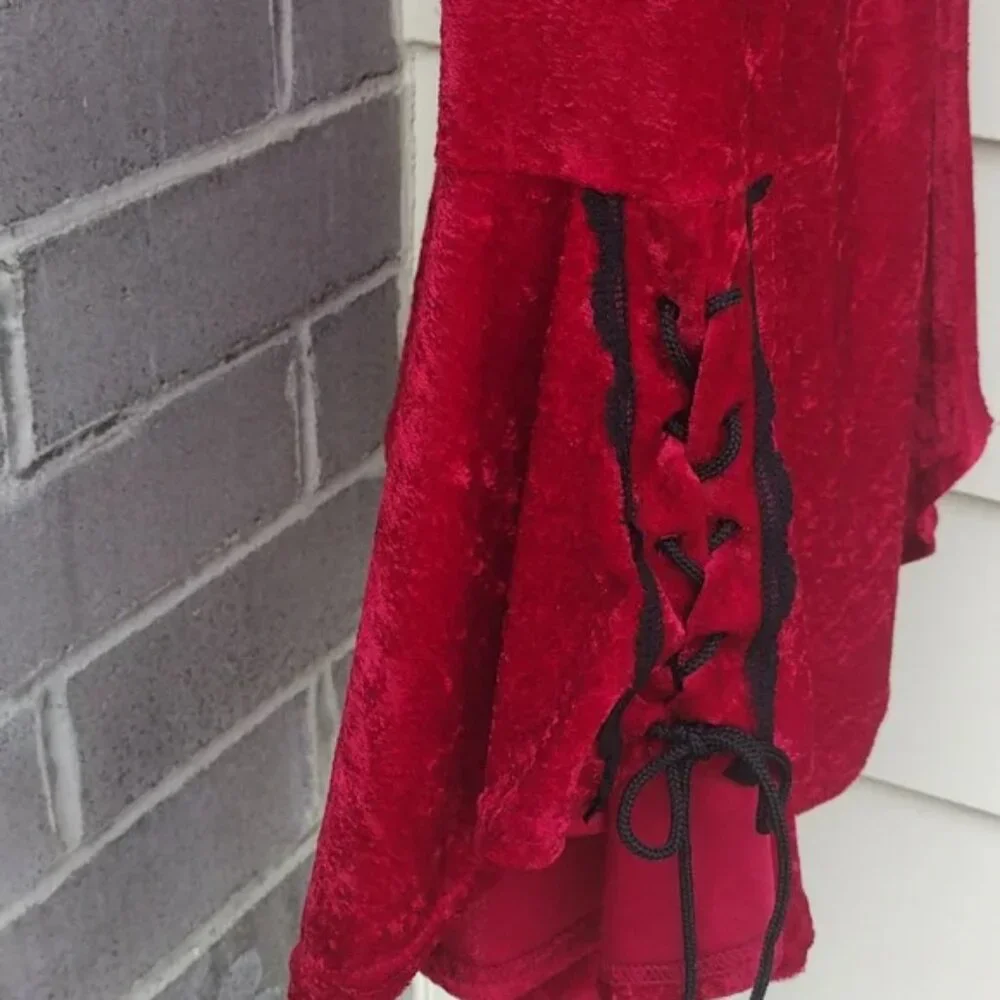 90s Lip Service Hi Low Red Velvet Laced Top with Bell Sleeves Small - Picture 9 of 14